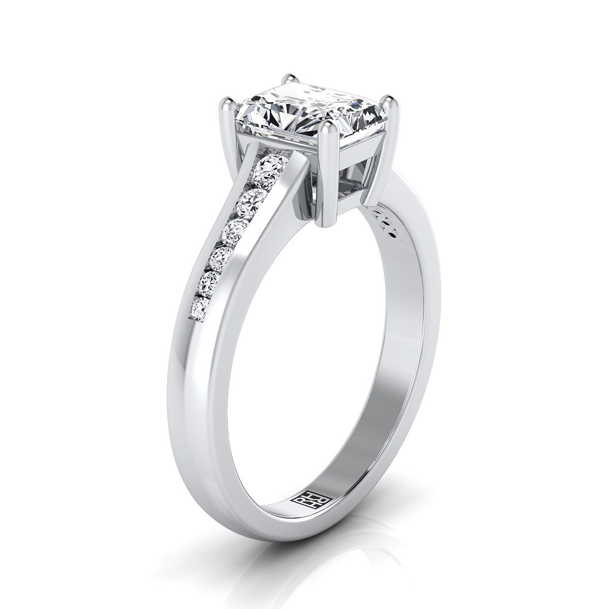 14K White Gold Radiant Cut Center Contemporary Tapered Diamond Channel Engagement Ring -1/6ctw