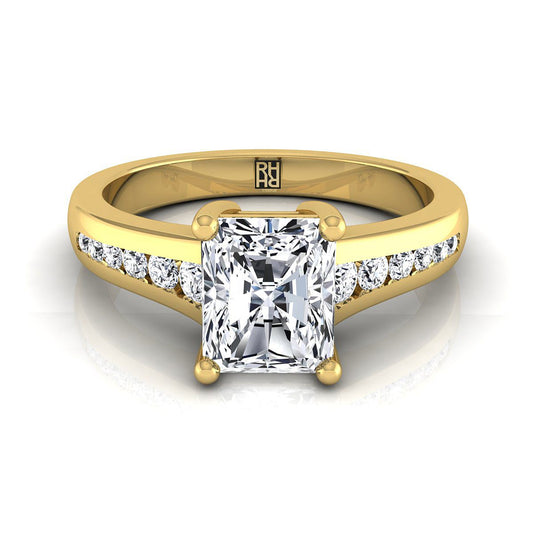 14K Yellow Gold Radiant Cut Center Contemporary Tapered Diamond Channel Engagement Ring -1/6ctw