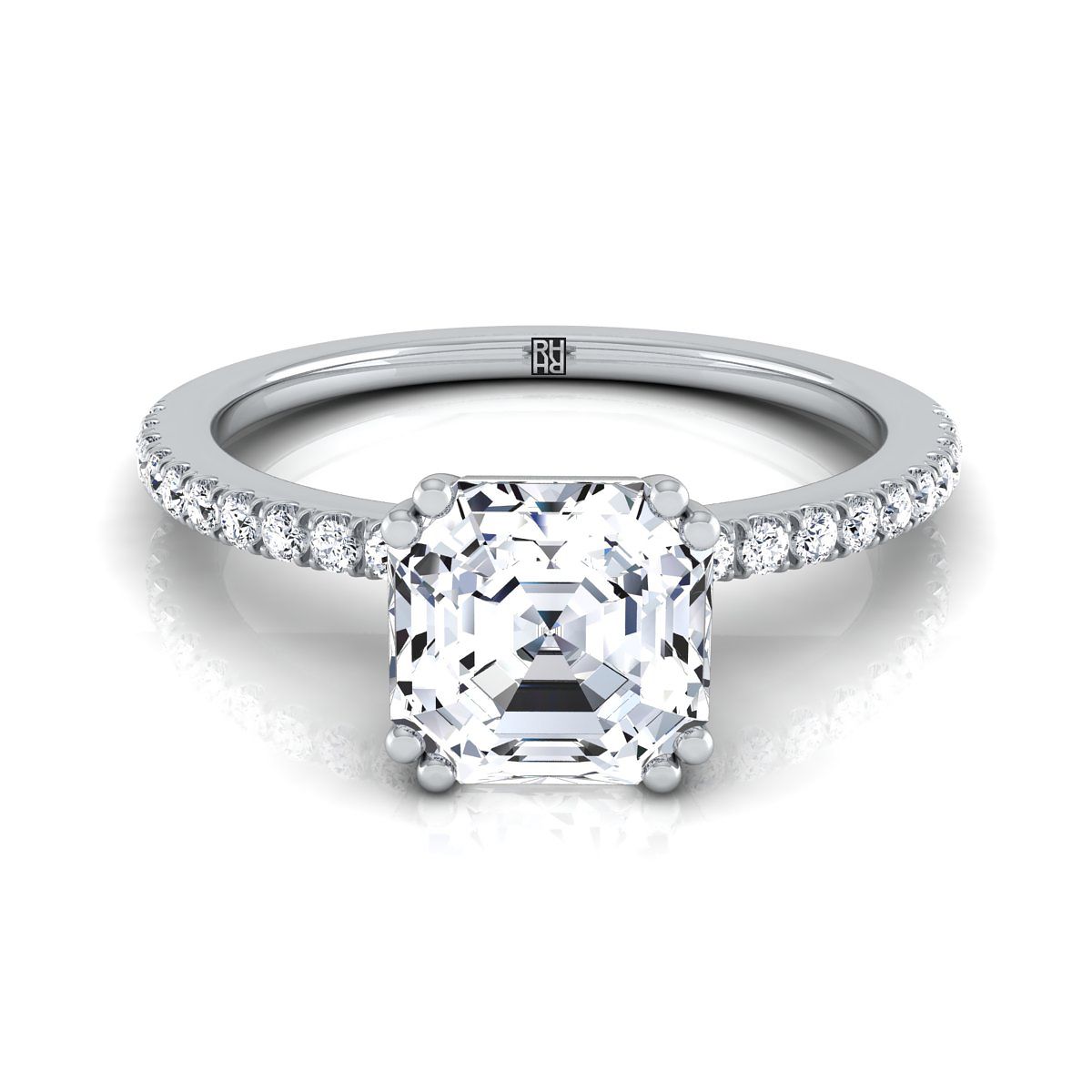 Platinum Asscher Cut Diamond Simple French Pave Double Claw Prong Engagement Ring -1/6ctw