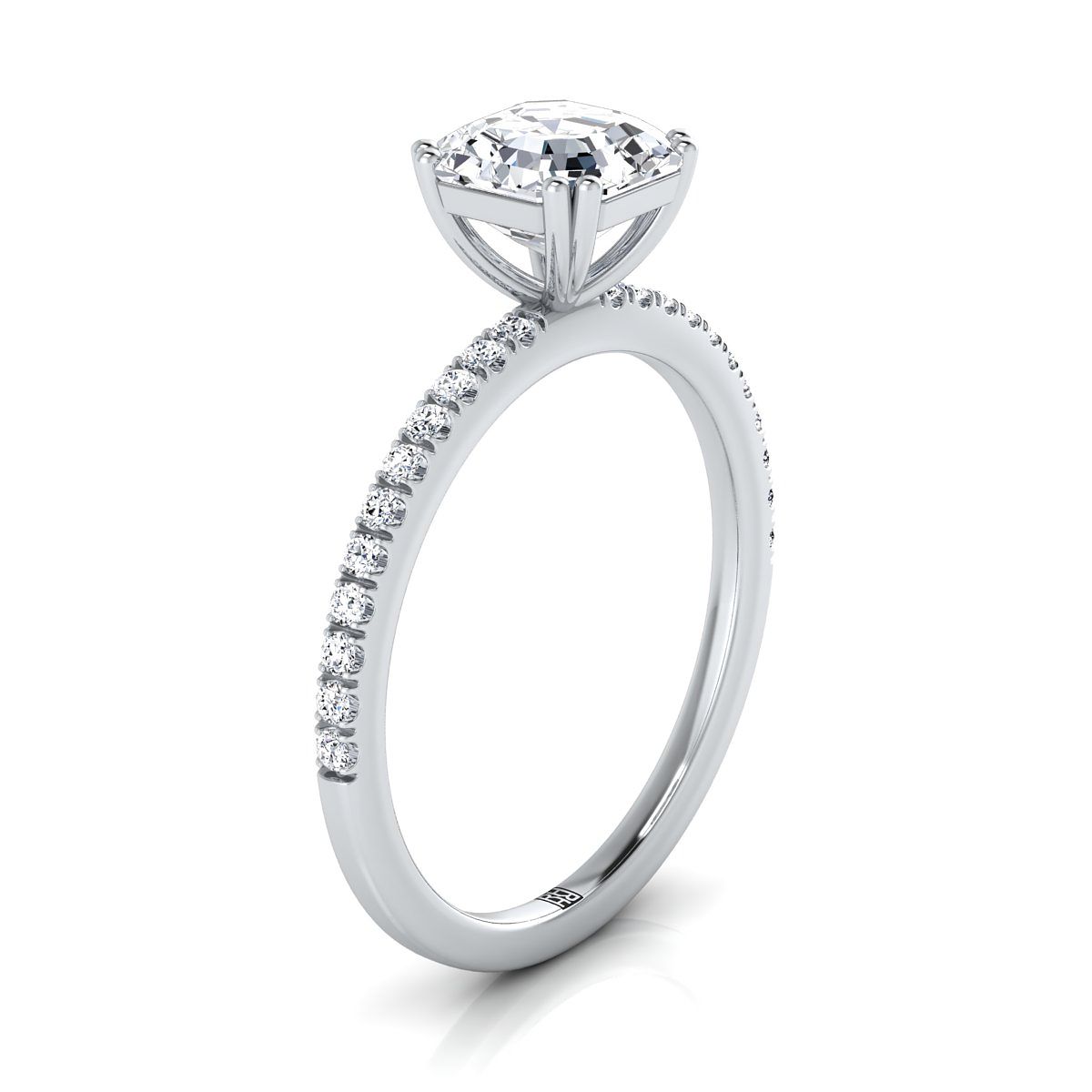 Platinum Asscher Cut Diamond Simple French Pave Double Claw Prong Engagement Ring -1/6ctw