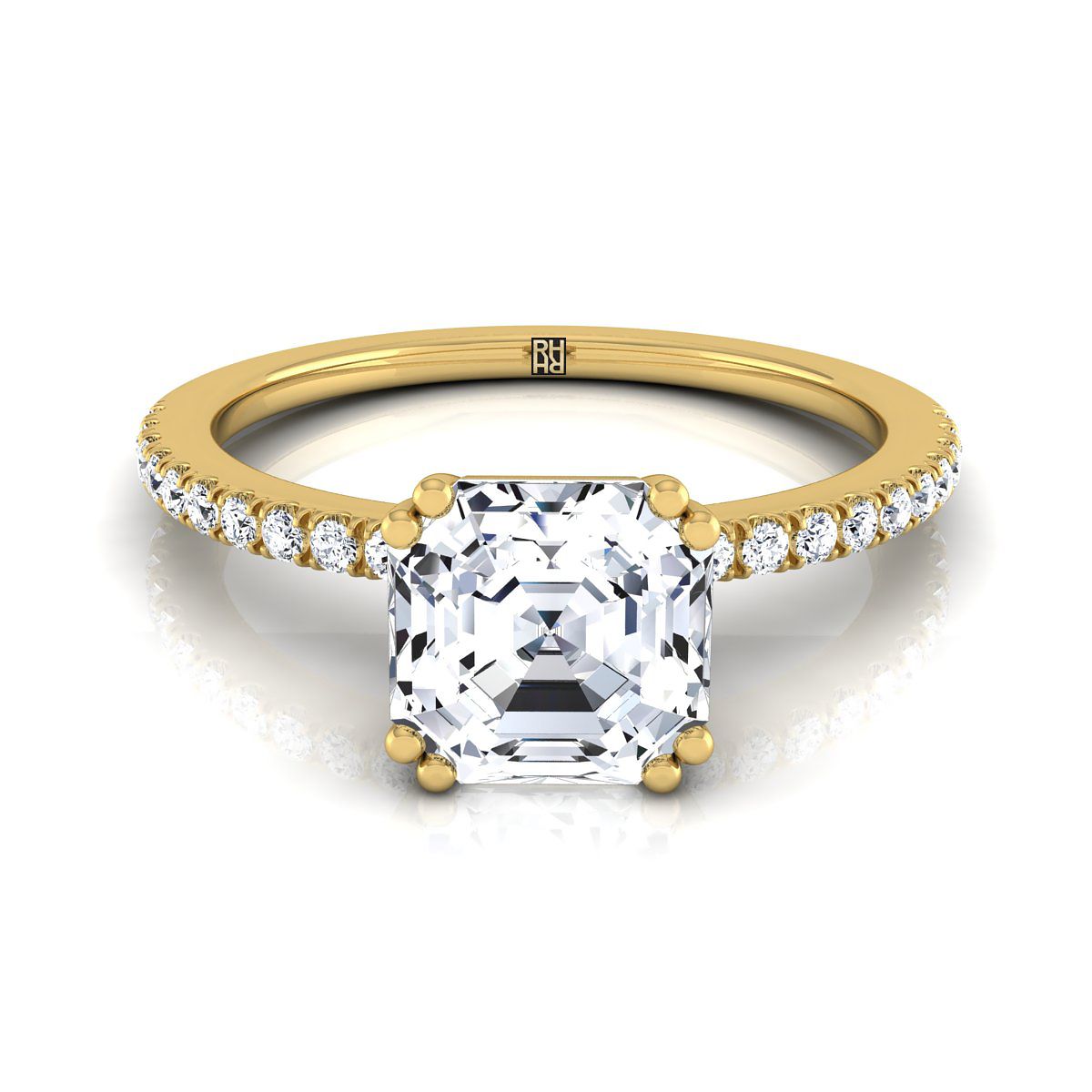 18K Yellow Gold Asscher Cut Diamond Simple French Pave Double Claw Prong Engagement Ring -1/6ctw