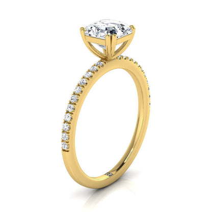 18K Yellow Gold Asscher Cut Diamond Simple French Pave Double Claw Prong Engagement Ring -1/6ctw