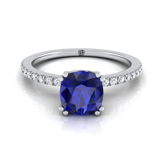 18K White Gold Cushion Sapphire Simple French Pave Double Claw Prong Diamond Engagement Ring -1/6ctw