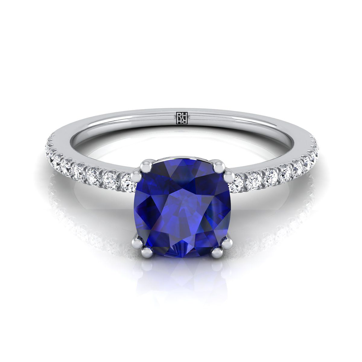 14K White Gold Cushion Sapphire Simple French Pave Double Claw Prong Diamond Engagement Ring -1/6ctw