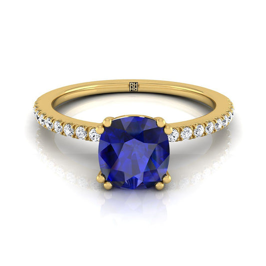 18K Yellow Gold Cushion Sapphire Simple French Pave Double Claw Prong Diamond Engagement Ring -1/6ctw