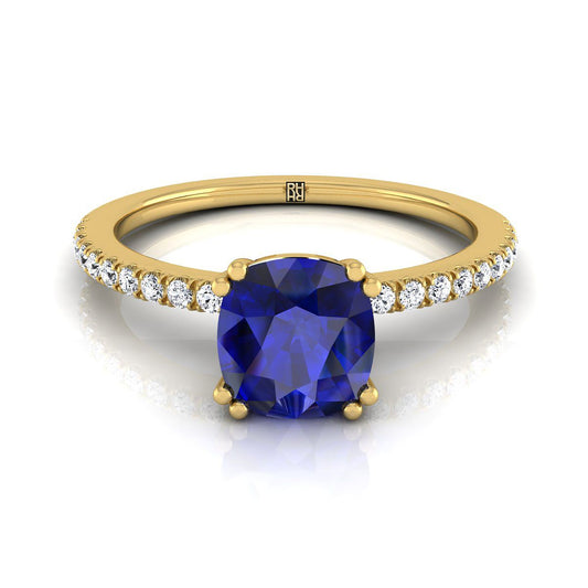 18K Yellow Gold Cushion Sapphire Simple French Pave Double Claw Prong Diamond Engagement Ring -1/6ctw