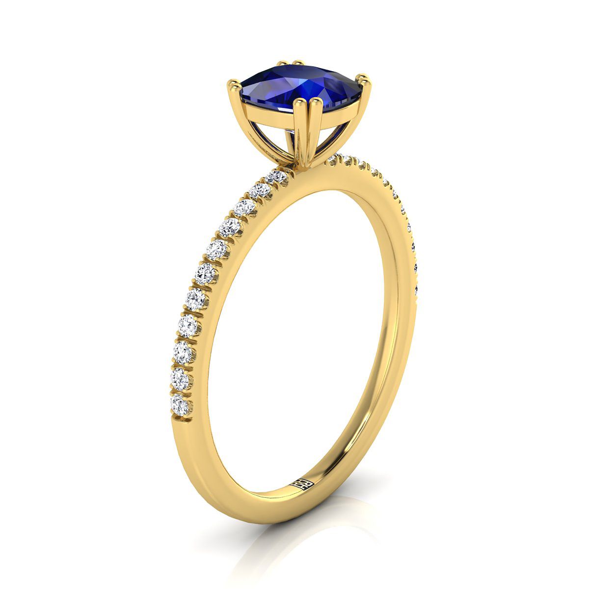 18K Yellow Gold Cushion Sapphire Simple French Pave Double Claw Prong Diamond Engagement Ring -1/6ctw
