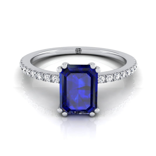 18K White Gold Emerald Cut Sapphire Simple French Pave Double Claw Prong Diamond Engagement Ring -1/6ctw