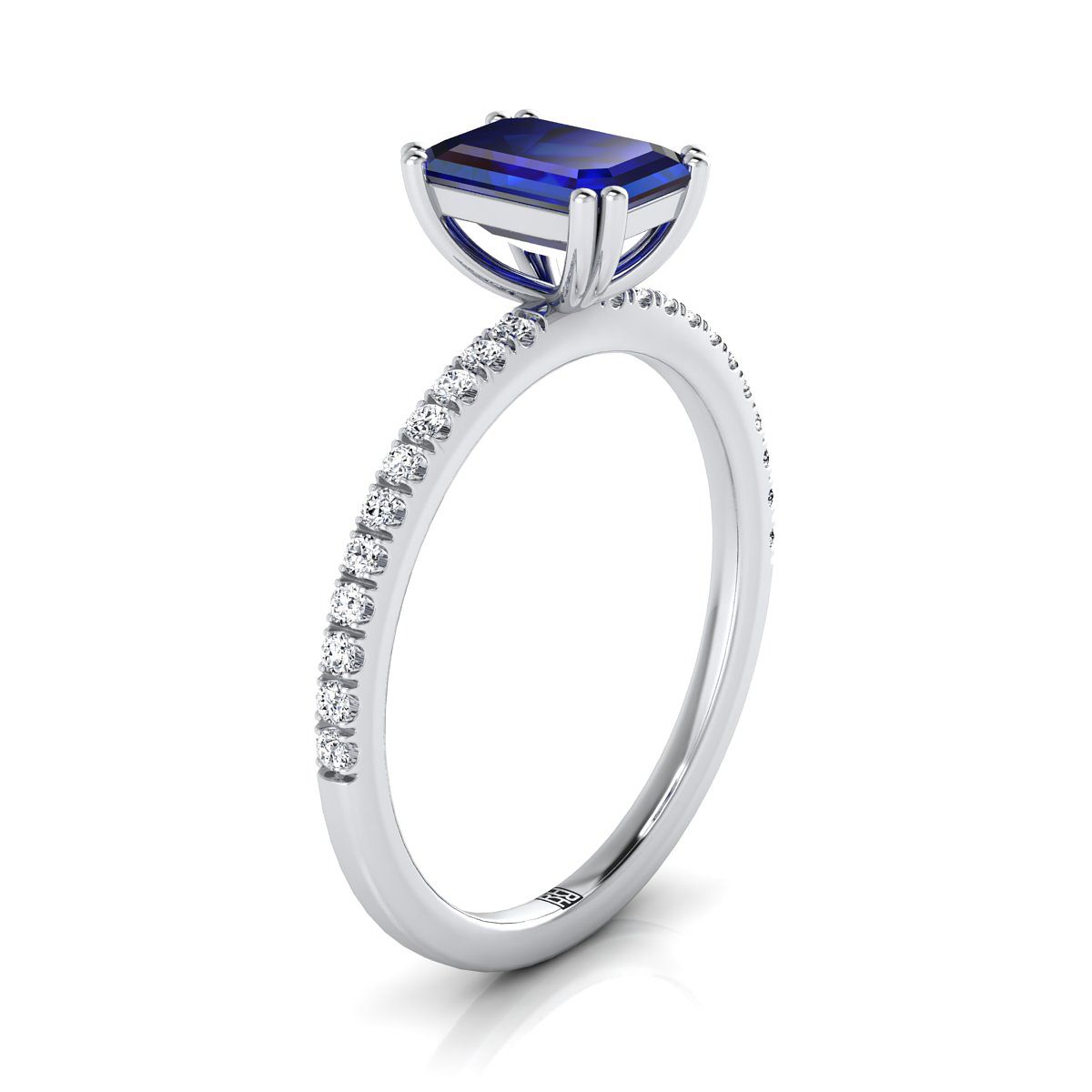 14K White Gold Emerald Cut Sapphire Simple French Pave Double Claw Prong Diamond Engagement Ring -1/6ctw