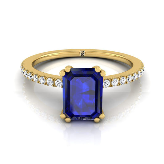 14K Yellow Gold Emerald Cut Sapphire Simple French Pave Double Claw Prong Diamond Engagement Ring -1/6ctw