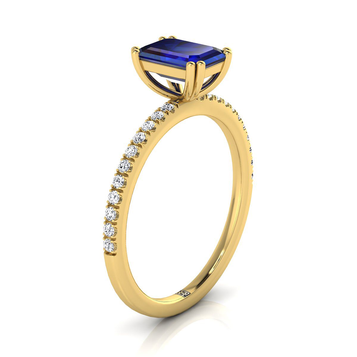 18K Yellow Gold Emerald Cut Sapphire Simple French Pave Double Claw Prong Diamond Engagement Ring -1/6ctw
