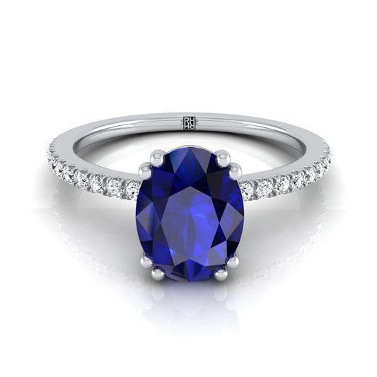 18K White Gold Oval Sapphire Simple French Pave Double Claw Prong Diamond Engagement Ring -1/6ctw
