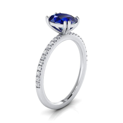18K White Gold Oval Sapphire Simple French Pave Double Claw Prong Diamond Engagement Ring -1/6ctw