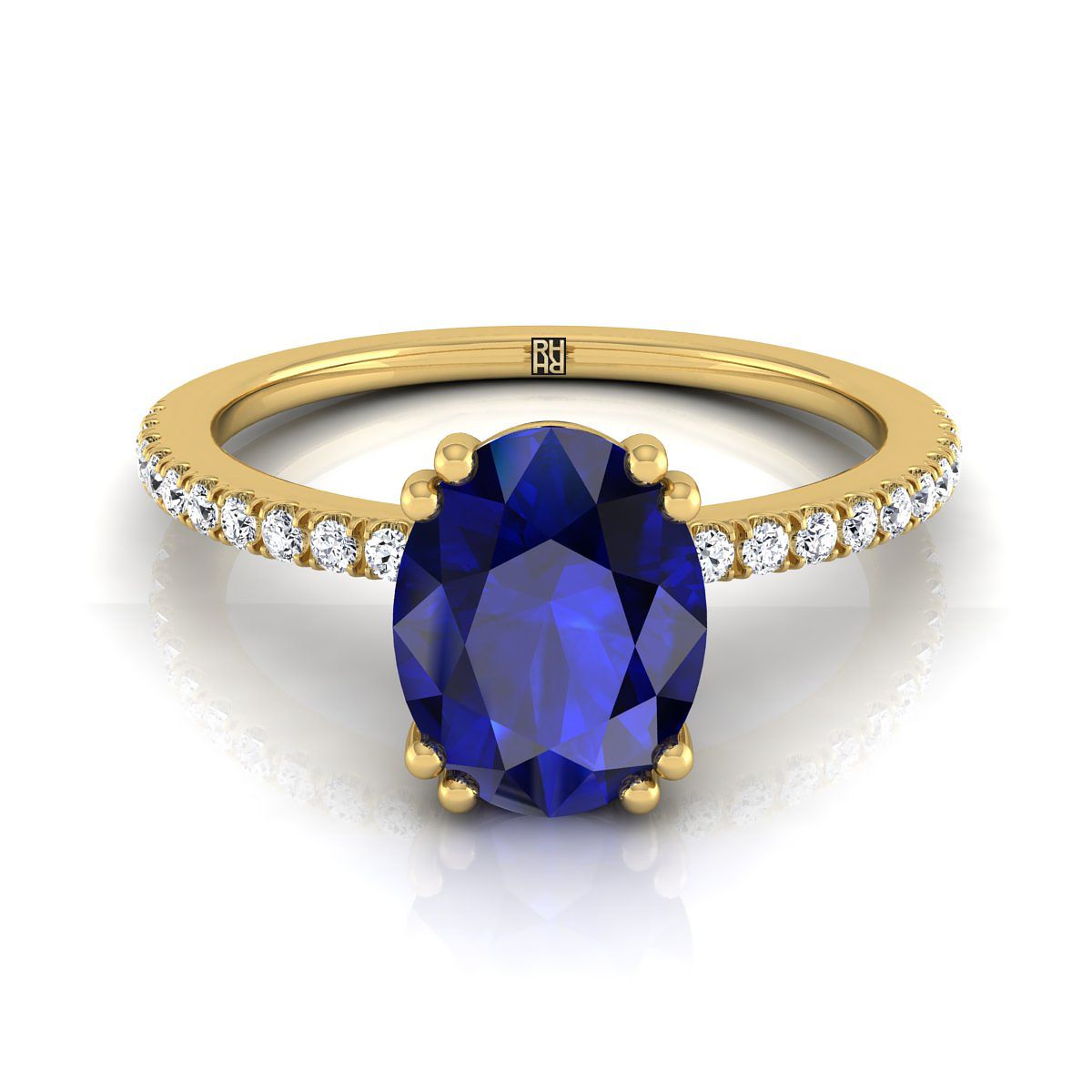 18K Yellow Gold Oval Sapphire Simple French Pave Double Claw Prong Diamond Engagement Ring -1/6ctw