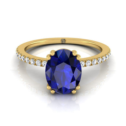 18K Yellow Gold Oval Sapphire Simple French Pave Double Claw Prong Diamond Engagement Ring -1/6ctw