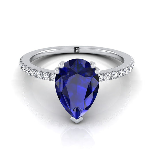 14K White Gold Pear Shape Center Sapphire Simple French Pave Double Claw Prong Diamond Engagement Ring -1/6ctw