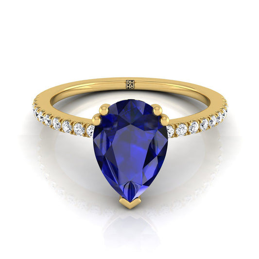 18K Yellow Gold Pear Shape Center Sapphire Simple French Pave Double Claw Prong Diamond Engagement Ring -1/6ctw