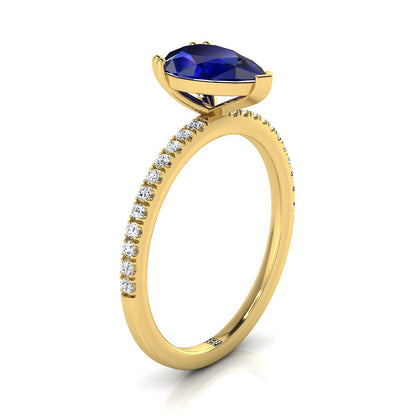 18K Yellow Gold Pear Shape Center Sapphire Simple French Pave Double Claw Prong Diamond Engagement Ring -1/6ctw