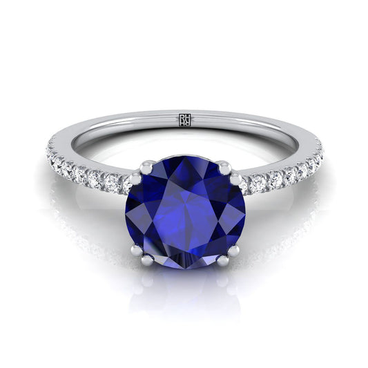 18K White Gold Round Brilliant Sapphire Simple French Pave Double Claw Prong Diamond Engagement Ring -1/6ctw
