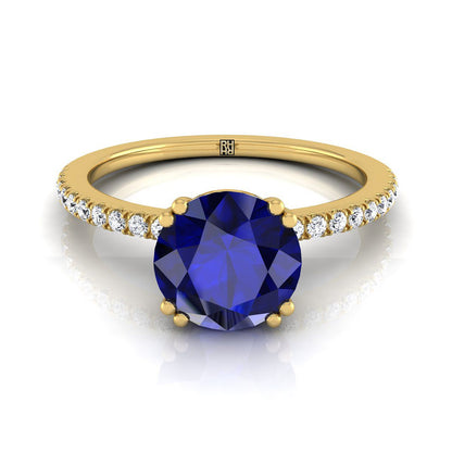 18K Yellow Gold Round Brilliant Sapphire Simple French Pave Double Claw Prong Diamond Engagement Ring -1/6ctw