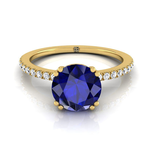 14K Yellow Gold Round Brilliant Sapphire Simple French Pave Double Claw Prong Diamond Engagement Ring -1/6ctw