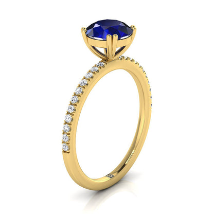 18K Yellow Gold Round Brilliant Sapphire Simple French Pave Double Claw Prong Diamond Engagement Ring -1/6ctw