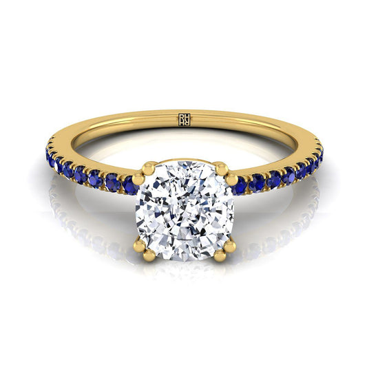 14K Yellow Gold Cushion  Simple French Pave Double Claw Prong Diamond Engagement Ring