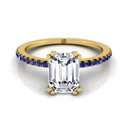 18K Yellow Gold Emerald Cut  Simple French Pave Double Claw Prong Diamond Engagement Ring