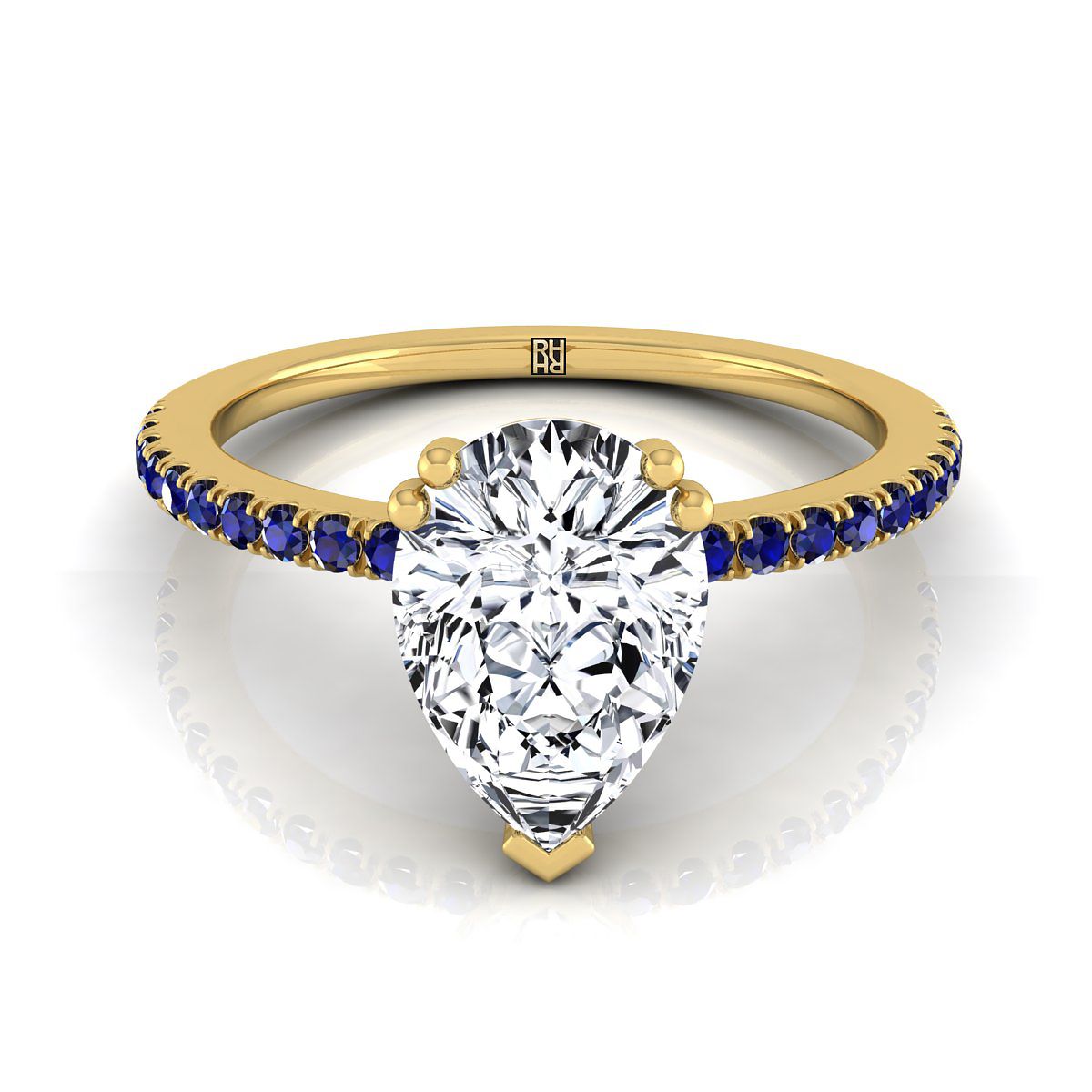 18K Yellow Gold Pear Shape Center  Simple French Pave Double Claw Prong Diamond Engagement Ring