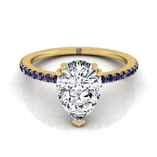 14K Yellow Gold Pear Shape Center  Simple French Pave Double Claw Prong Diamond Engagement Ring