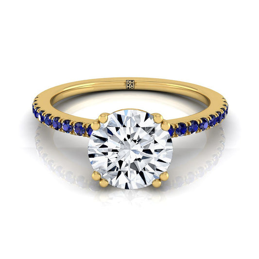 14K Yellow Gold Round Brilliant  Simple French Pave Double Claw Prong Diamond Engagement Ring