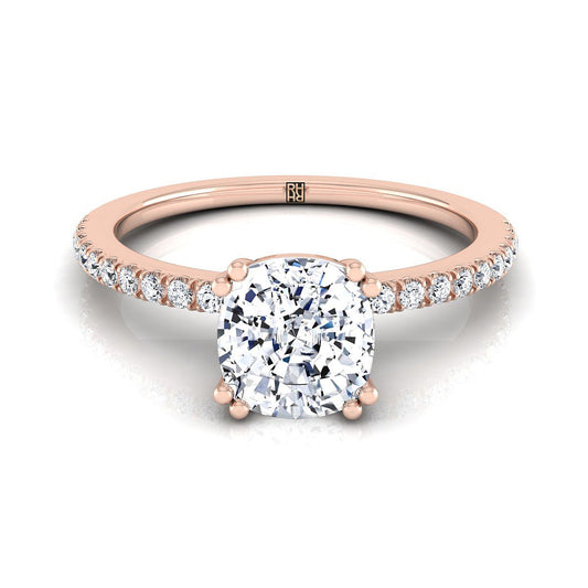 14K Rose Gold Cushion Diamond Simple French Pave Double Claw Prong Engagement Ring -1/6ctw