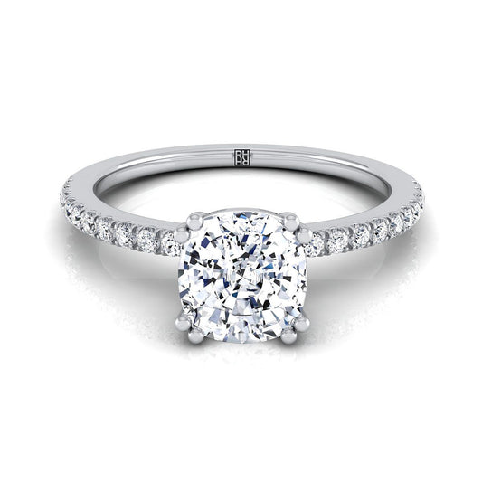 Platinum Cushion Diamond Simple French Pave Double Claw Prong Engagement Ring -1/6ctw