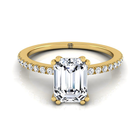 14K Yellow Gold  Diamond Simple French Pave Double Claw Prong Engagement Ring -1/6ctw