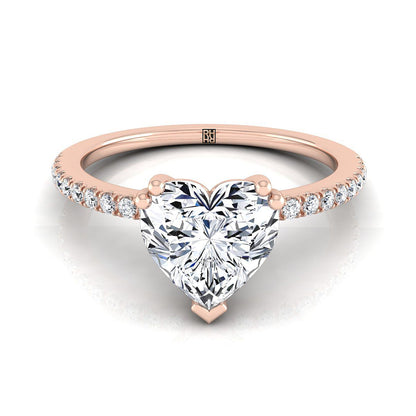 14K Rose Gold Heart Shape Center Diamond Simple French Pave Double Claw Prong Engagement Ring -1/6ctw