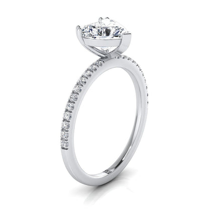 Platinum Heart Shape Center Diamond Simple French Pave Double Claw Prong Engagement Ring -1/6ctw