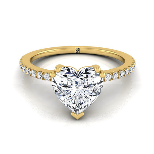 18K Yellow Gold Heart Shape Center Diamond Simple French Pave Double Claw Prong Engagement Ring -1/6ctw