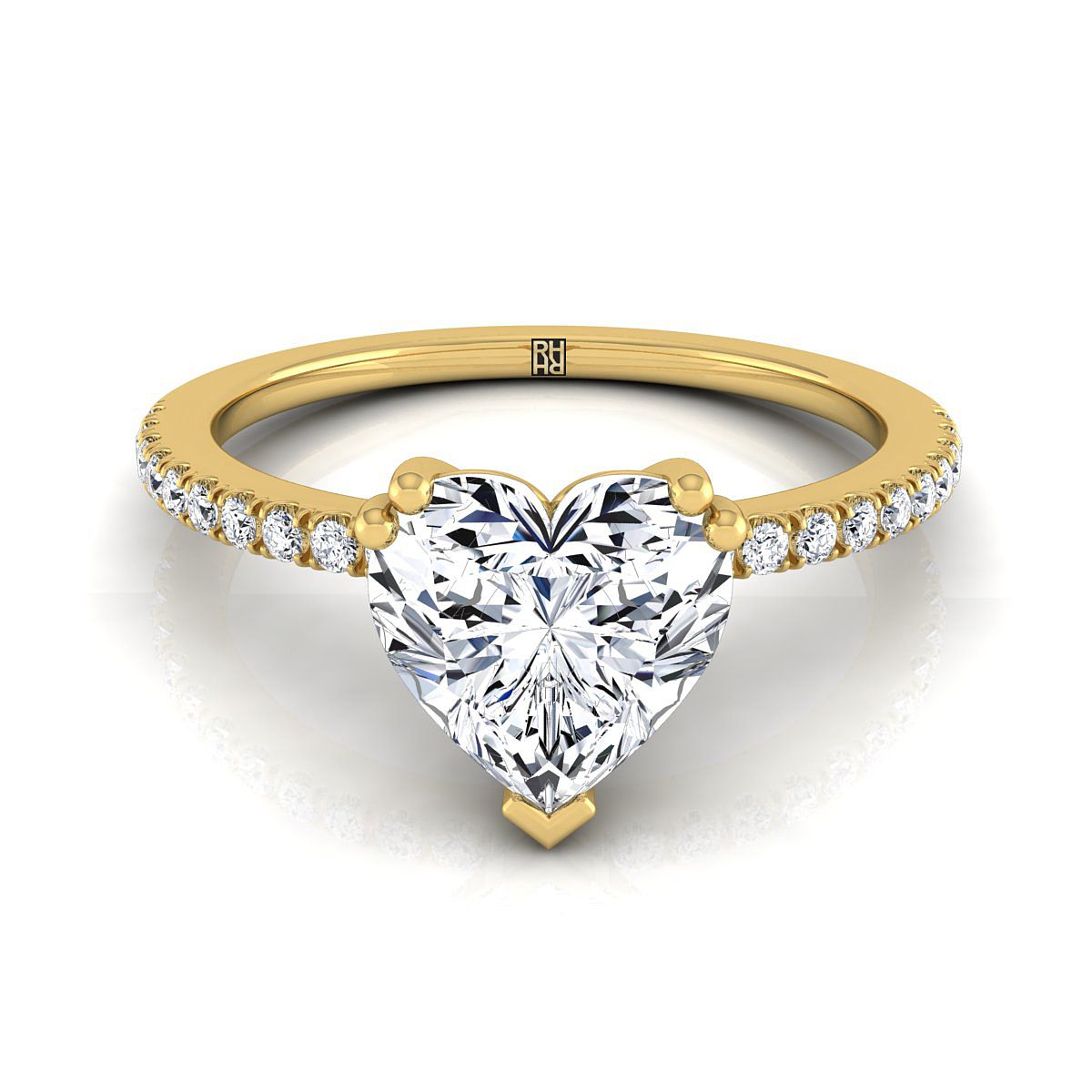14K Yellow Gold Heart Shape Center Diamond Simple French Pave Double Claw Prong Engagement Ring -1/6ctw