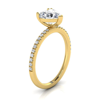 14K Yellow Gold Heart Shape Center Diamond Simple French Pave Double Claw Prong Engagement Ring -1/6ctw