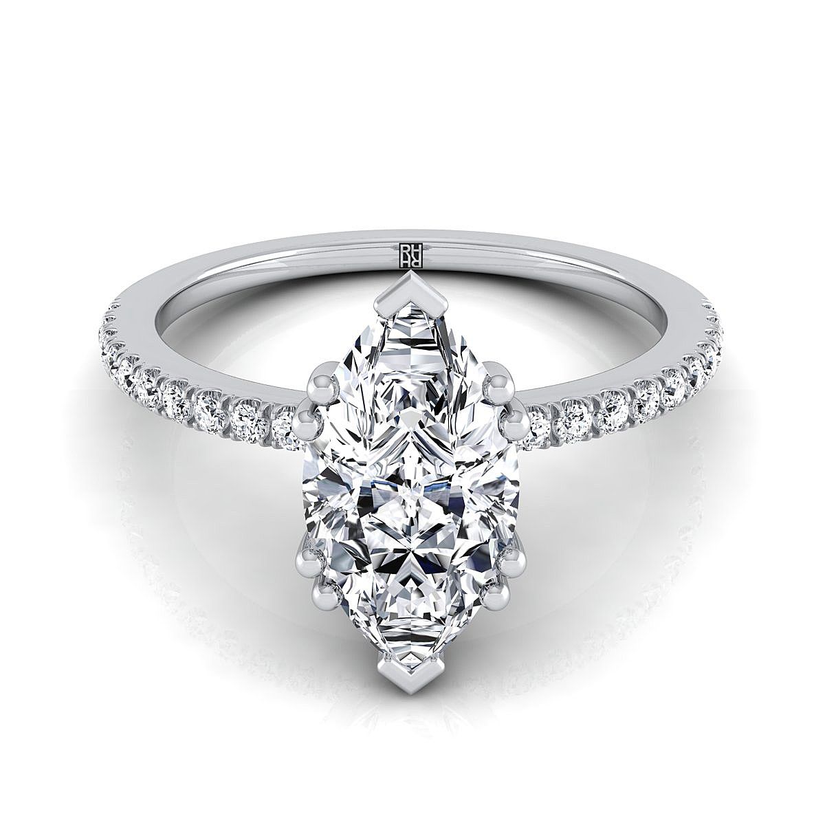 Platinum Marquise  Diamond Simple French Pave Double Claw Prong Engagement Ring -1/6ctw