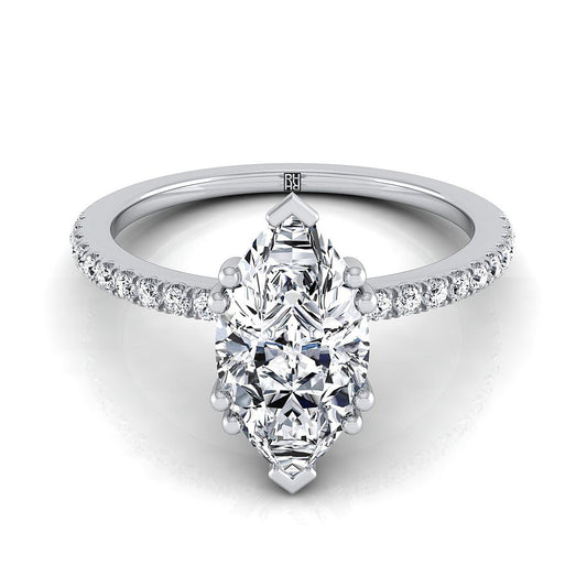 Platinum Marquise  Diamond Simple French Pave Double Claw Prong Engagement Ring -1/6ctw