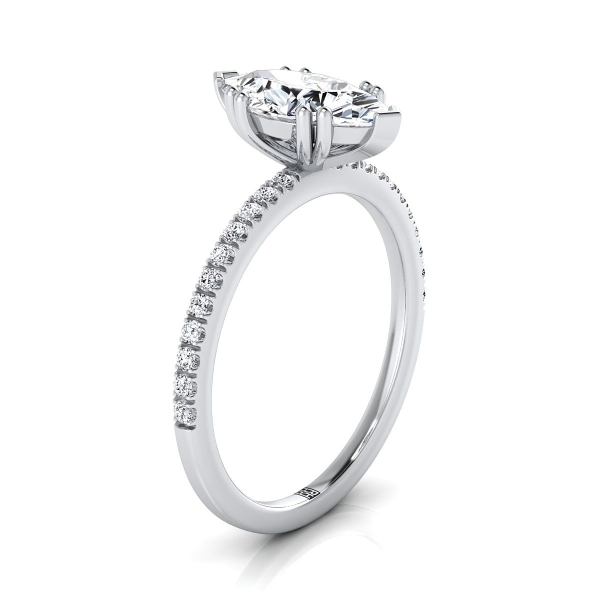 14K White Gold Marquise  Diamond Simple French Pave Double Claw Prong Engagement Ring -1/6ctw