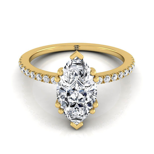 14K Yellow Gold Marquise  Diamond Simple French Pave Double Claw Prong Engagement Ring -1/6ctw
