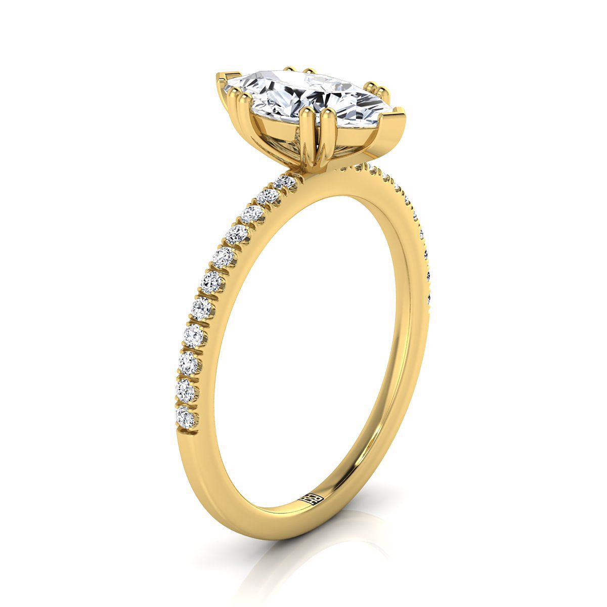 14K Yellow Gold Marquise  Diamond Simple French Pave Double Claw Prong Engagement Ring -1/6ctw