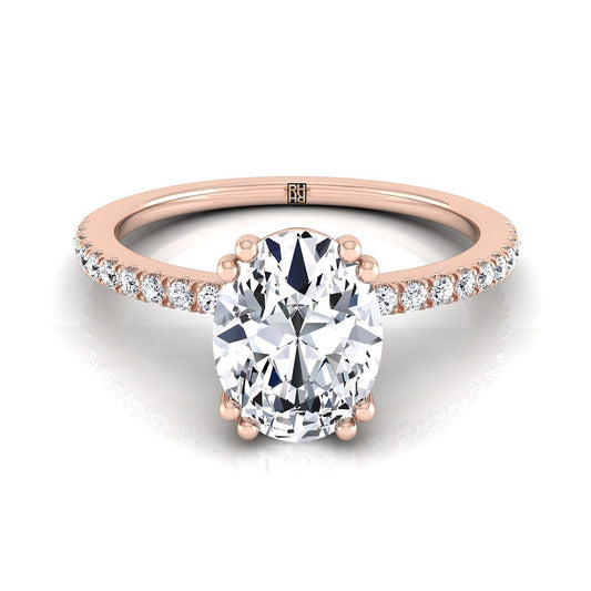 14K Rose Gold Oval Diamond Simple French Pave Double Claw Prong Engagement Ring -1/6ctw