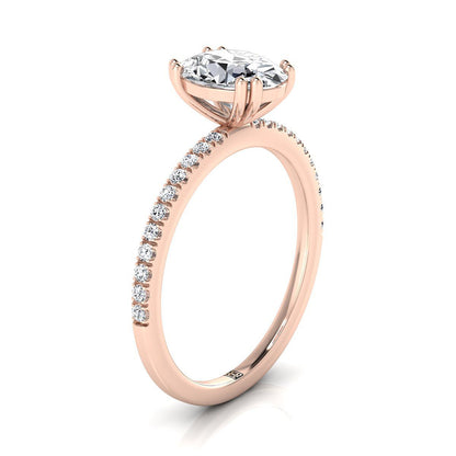 14K Rose Gold Oval Emerald Simple French Pave Double Claw Prong Diamond Engagement Ring -1/6ctw