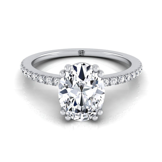 14K White Gold Oval Diamond Simple French Pave Double Claw Prong Engagement Ring -1/6ctw