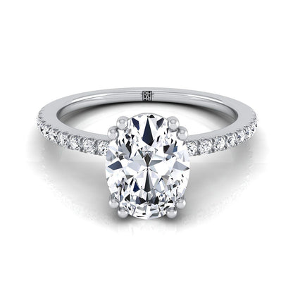 Platinum Oval Diamond Simple French Pave Double Claw Prong Engagement Ring -1/6ctw