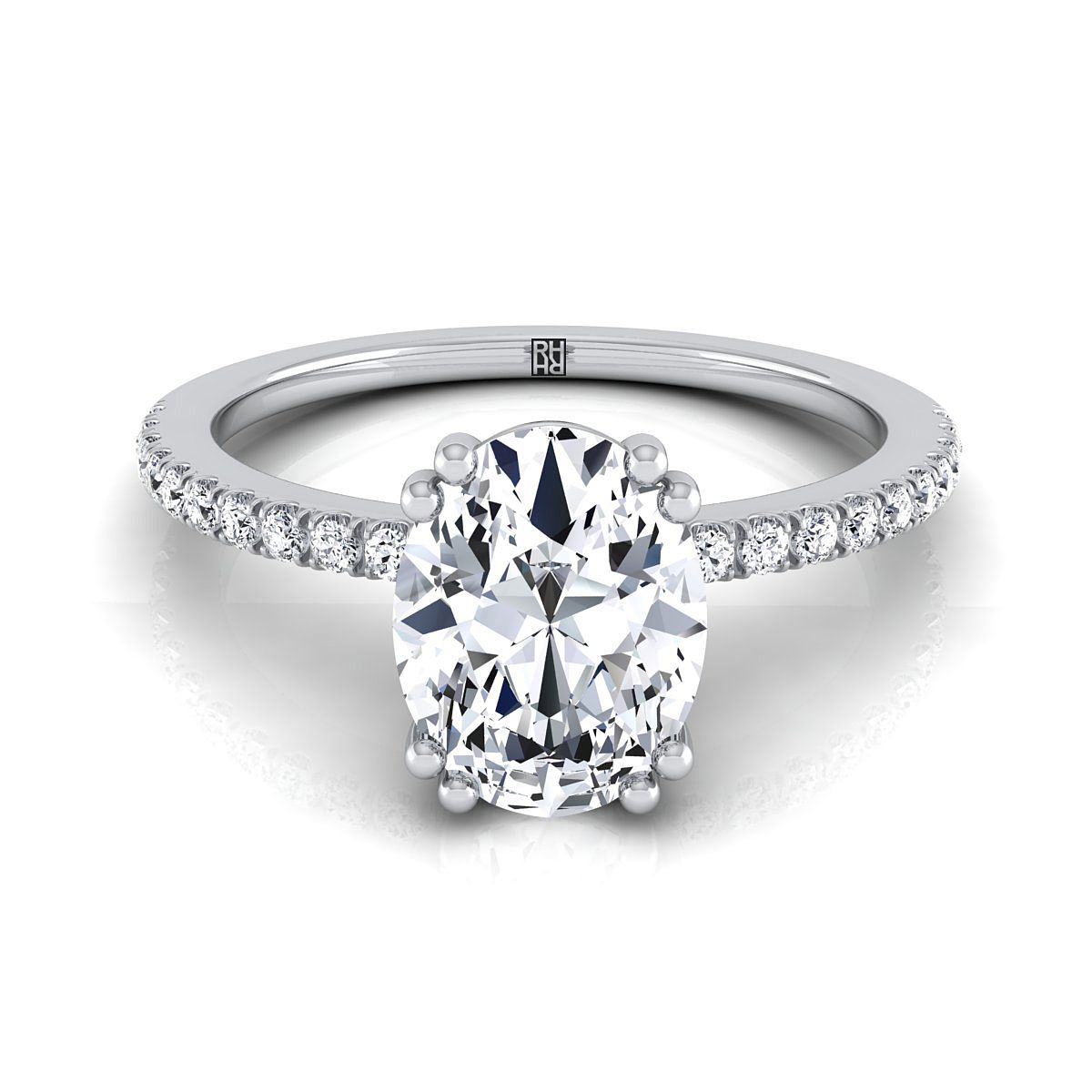18K White Gold Oval Diamond Simple French Pave Double Claw Prong Engagement Ring -1/6ctw