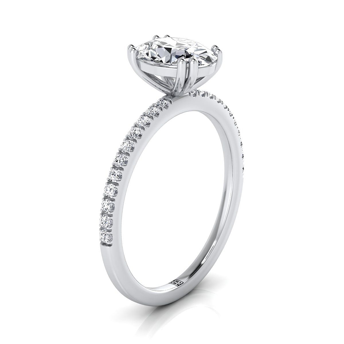 14K White Gold Oval Diamond Simple French Pave Double Claw Prong Engagement Ring -1/6ctw